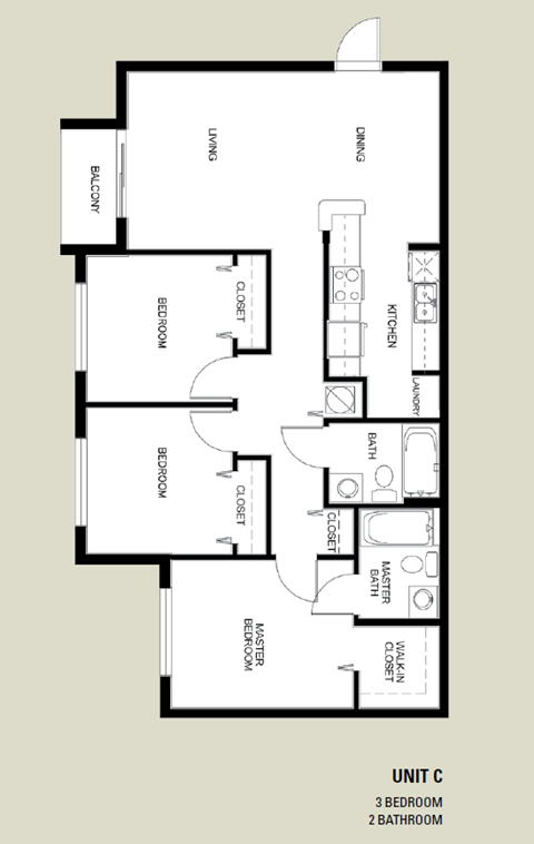Floor plan for 3 beds, 2 baths, 1070 sqft